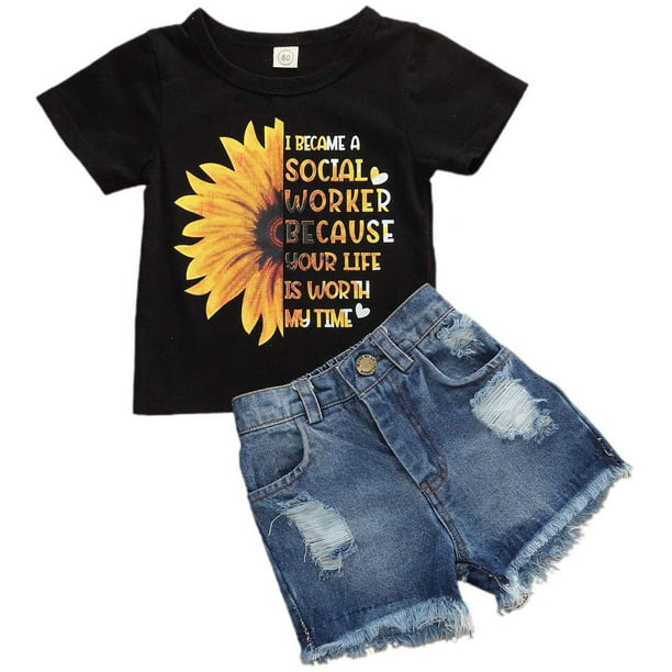 2-6 Years Love Sunflower Baby Girls Short Sleeve Ruffle Tee Cotton Kids T Shirts 